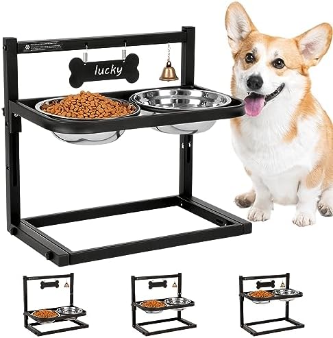  SHAINFUN Elevated Dog Bowls For Large Sized Dog,Raised Dog Bowl Stand Adjusable Height With Two 1.7L Stainless Steel Dog Food Bowls And Spill Proof Mat, Dog Bowls For Large And Medium Dogs.