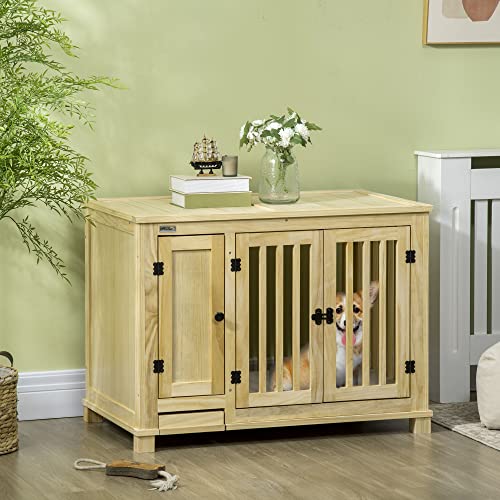  PawHut Wood Dog Crate Furniture With Hidden Food Bowl In Drawer, Dog Crate End Table With Cushion, Double Doors, For Small Dogs Indoor Use, Natural