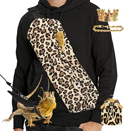  Bearded Dragon Leash & Leopard Pattern Carrier, Lizard Adjustable Harness With Leather Wings And Sling Bag, With Beardie's Leopard Pattern Coat, Reptile Small Pet Batwing Accessories For Outdoor