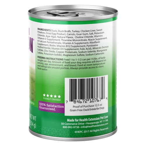  Health Extension Wet Dog Food Canned, Gluten & Grain-Free, Natural Food For All Dogs With Added Vitamins & Mineral, Duck Entree (12.5 Oz / 374 G) (Pack Of 12)