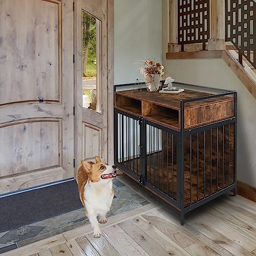 GENERIC 41 "Furniture Dog Cage, Metal Heavy Duty Super Sturdy Dog Cage, Dog Crate For Small/Medium Dogs, Double Door And Double Lock, With Storage And Anti-chew Features, Dog House, Rustic Brown