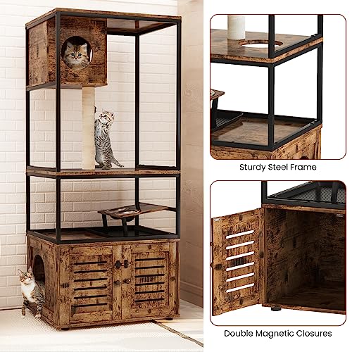  AWQM Large Cat Litter Box Enclosure,3 Level Cat Tree Tower With Elevated Cat Feeding Bowl,Scratching Posts,Hidden Cat Washroom,Kitty Condo,All-in-One Wood Pet Cat House/Cabinet Funiture,Rustic Brown