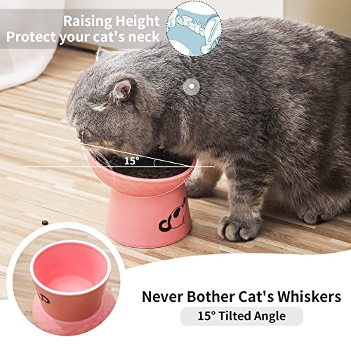  Tilted Ceramic Raised Cat Bowls, 8 OZ Food And Water Bowls Set For Kitty, 5 In Porcelain Elevated Stress Free Feeding Pet Dish, Dishwasher And Microwave Safe (White & Pink)
