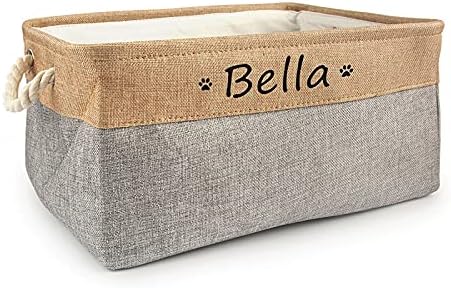  Xingfa Personalized Dog Toy Basket With Name,Custom Dog Toy Basket,Paw Prints Pet Food Storage Container,Dog Toy Box For Small Dogs,New Puppy Supplies (Beige,L 41X32X21cm)