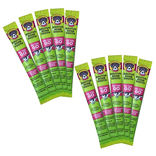  Brutus Instant Vegetable Broth For Dogs & Cats | Natural W/Omegas & Turmeric For Healthy Coat & Skin |Made In USA | Human Grade | Hydrating Dog Food Topper, Gravy, & Treat Vegan Salmon 10-pk