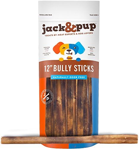  Jack&Pup Thin Dog Bully Sticks Odor Free, Bully Sticks For Dogs, Healthy Dog Treats Bully Sticks For Small Dogs, Beef Dog Chews, Pizzle Chew Sticks For Dogs (12-Inch Thin Bully Stick, 12 Pack)