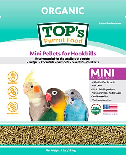  TOP's Parrot Food Mini Pellets Bird Food For Budgies, Cockatiels, Parrotlets, Lovebirds, Parakeets - Non-GMO, Peanut Soy & Corn Free, USDA Organic Certified - 4LBS