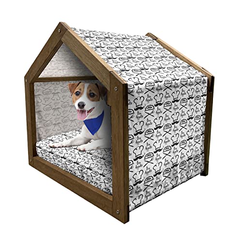  Lunarable Bon Appetit Wooden Pet House, Monochrome Fish Chef Hat And Words Hand Drawn Diner Food Themed Sketch, Outdoor & Indoor Portable Dog Kennel With Pillow And Cover, Medium, Black And White