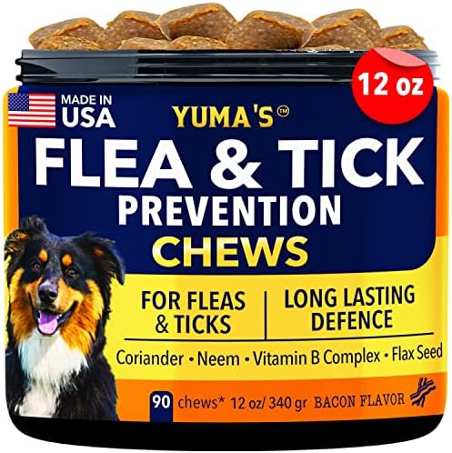  Flea And Tick Prevention For Dogs Chewables - All Natural Dog Flea & Tick Control - For All Breed Sizes, Coriander, Neem. Flax Seed And Vitamins Complex For Flea And Tick Prevention For Dogs