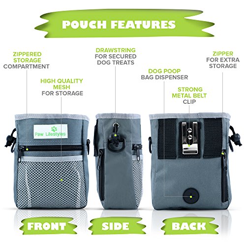  Paw Lifestyles – Dog Treat Training Pouch – Easily Carries Pet Toys, Kibble, Treats – Built-In Poop Bag Dispenser – 3 Ways To Wear – Grey