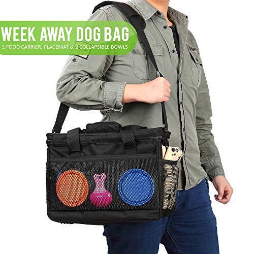  Kundu Cat & Dog Travel Bag - Includes 2 Food Carriers, 2 Bowls & Place Mat - Airline Approved - Black,6 Piece Set,KDU-011