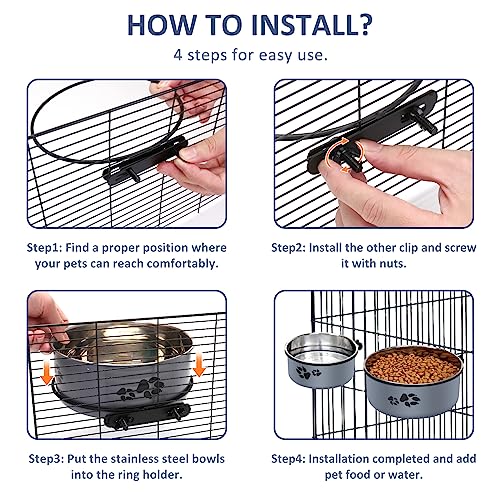  Hanging Pet Bowls,2PCS Pet Grate Bowl With Clamp Holder,Stainless Steel Dog Water Bowl Food Feeder,Removable Pet Dish Bowl For Cat,Dog Small/Medium/Large Animal (7.1"x2.8"+5.5"x2.2", Gray)