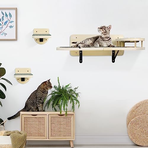  Cat Wall Shelves With 2 Steps,Cat Wall Mounted Shelves And Perches Set,Cat Wall Furniture With 2 Cat Bowls For Indoor Cats,Cat Climbing Shelf Hammock With Climbing Shelf Perches Plush Covered