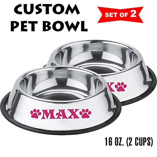  Jeyfel Decals: Personalized Stainless Steel Pet Bowl Set. Dog, Cat. 16 OZ. (2 Cups) (Pink)