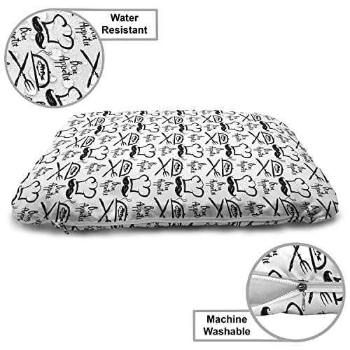 Lunarable Bon Appetit Wooden Pet House, Monochrome Fish Chef Hat And Words Hand Drawn Diner Food Themed Sketch, Outdoor & Indoor Portable Dog Kennel With Pillow And Cover, Medium, Black And White