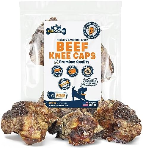  PUPDAWGS Single Ingredient Dog Bone Made In USA - Beef Knee Caps - 100% Natural Dog Bones For Aggressive Chewers - From USDA Inspected Beef - Hickory Smoked - Individually Wrapped (3 Piece Pack)