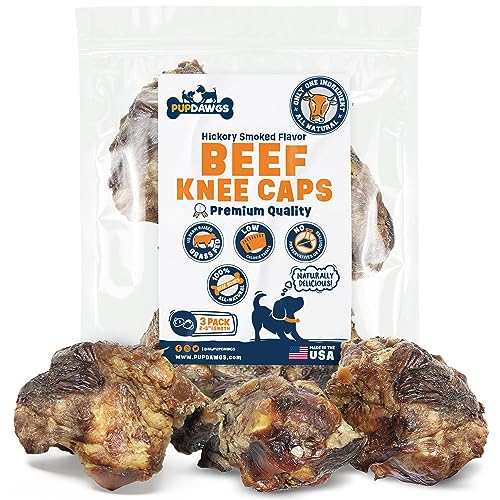  PUPDAWGS Single Ingredient Dog Bone Made In USA - Beef Knee Caps - 100% Natural Dog Bones For Aggressive Chewers - From USDA Inspected Beef - Hickory Smoked - Individually Wrapped (3 Piece Pack)