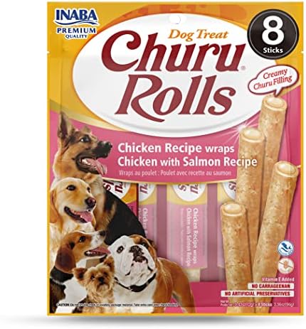  INABA Churu Rolls For Dogs, Grain-Free, Soft/Chewy Baked Chicken Wrapped Churu Filled Dog Treats, 0.42 Ounces Each Stick| 24 Stick Treats Total (8 Sticks Per Pack), 3 Flavor Variety Pack (24 Sticks)