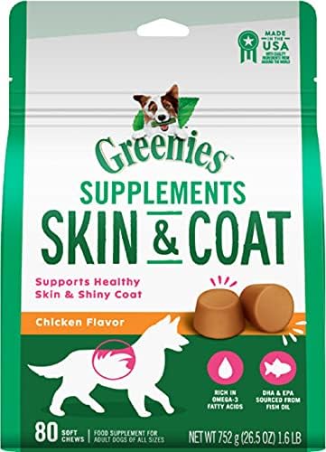  GREENIES Skin & Coat Food Supplements With Fish Oil & Omega 3 Fatty Acids, 40-Count Chicken-Flavor Soft Chews For Adult Dogs