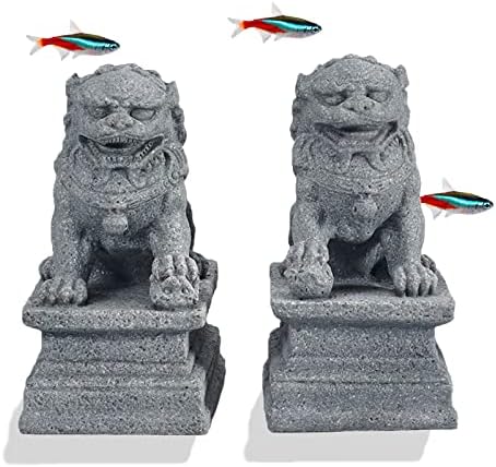  Livelyfish Large Asian Fu Foo Dogs Statues A Pair Of Two Guardian Lion Sandstone Figurine Pets Fish Tank Aquarium Landscape Ornaments Accessories Feng Shui Decorations (D)