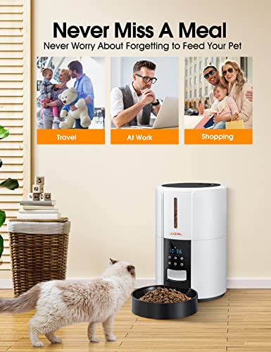  WOPET Timed Automatic Cat Food Dispenser, Automatic Pet Feeder For Cat And Small Medium Dogs, 1-6 Meals Daily With Portion Control, 10s Meal Calls (White + Black)