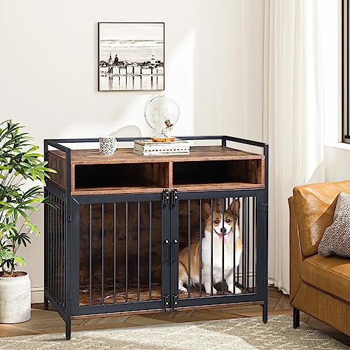  Karl Home Wooden Medium/Small Furniture Style Dog Crates With Storage And Anti-chew Features, Decorative Modern Double Doors Dog Kennel Indoor Use For Living Room, 38.6" L×23.6" W×31.5" H