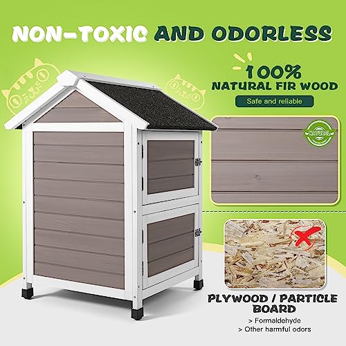  Bigrab Outdoor Large Cat House Weatherproof, Outside Feral Cat Shelter With Escape Door, Insulated Wooden Cat Condos With Window, (Two Storey Grey - For 2-3 Cats Or Small Animals)
