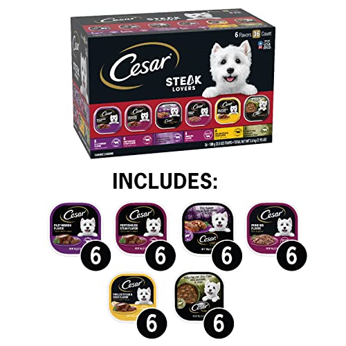  CESAR Adult Soft Wet Dog Food Steak Lovers Variety Pack With Real Meat, (36) 3.5 Oz. Trays