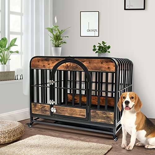  46 Inch Heavy Duty Dog Crate Furniture, Dog Crates For Large Dogs With Lockable Wheels, Metal Cage, Wood Kennel Crate Dog Playpen With Removable Tray