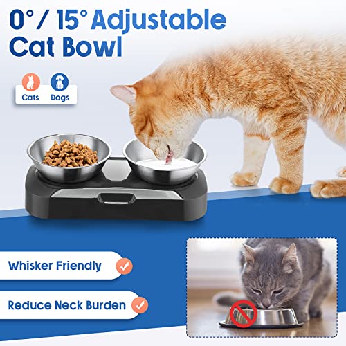  2 Pack Elevated Tilted Cat Bowls Stainless Steel Raised Cat Food And Water Bowl Set 0 And 15° Tilted Pet Cat Feeder Anti Vomit Cat Dishes With Stand For Indoor Cats Kitten Puppy Dogs