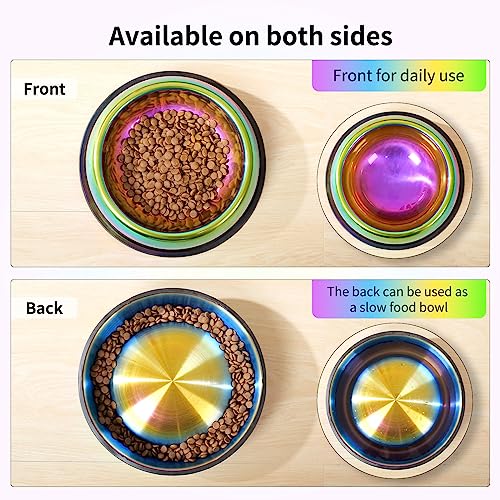  LEOWOW Rainbow Color Stainless Steel Cat Bowl Water & Feeder Bowls 2 In 1 Slow Feed Bowl For Small/Medium Cats/Dogs With Non-Skid Rubber Base, 9.5 Oz /280ml Capacity Each (Set Of 2)