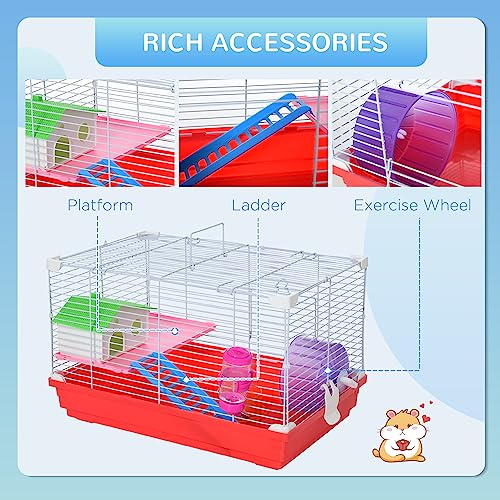  PawHut 18.5" Hamster Cage With Exercise Wheel And Water Bottle, Dish, Rat House And Habitat 2-Story Design, Red
