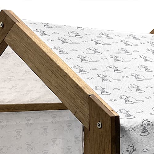  Lunarable Cat Wooden Pet House, Monochrome Doodle Style Feline Pattern With A Bowl Of Food Fish And Mouse Design, Outdoor & Indoor Portable Dog Kennel With Pillow And Cover, Medium, Black And White
