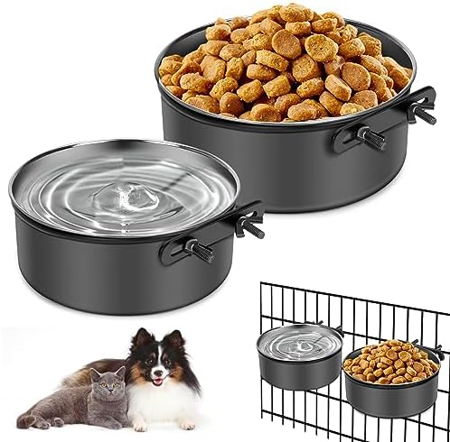  Hanging Pet Bowls,Dog Water & Food Bowls,2PCS Dog Grate Bowls,Stainless Steel Kneel Bowls With Clamp Holder For Cage, Crate, Kennel For Large/Medium/Small Pets (M(6.3"*2.6"+5.6"*2.4"), Gray)