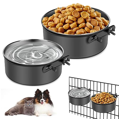  Hanging Pet Bowls,Dog Water & Food Bowls,2PCS Dog Grate Bowls,Stainless Steel Kneel Bowls With Clamp Holder For Cage, Crate, Kennel For Large/Medium/Small Pets (M(6.3"*2.6"+5.6"*2.4"), Gray)