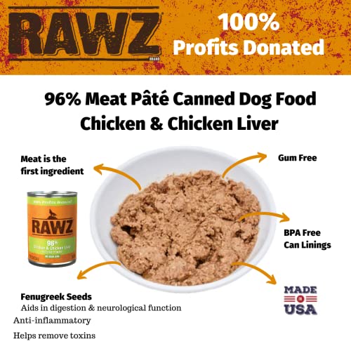  Rawz 96% Meat Canned Wet Food For Dogs 12 Pack/ 12.5 Oz. Cans (Chicken/Chicken Liver)