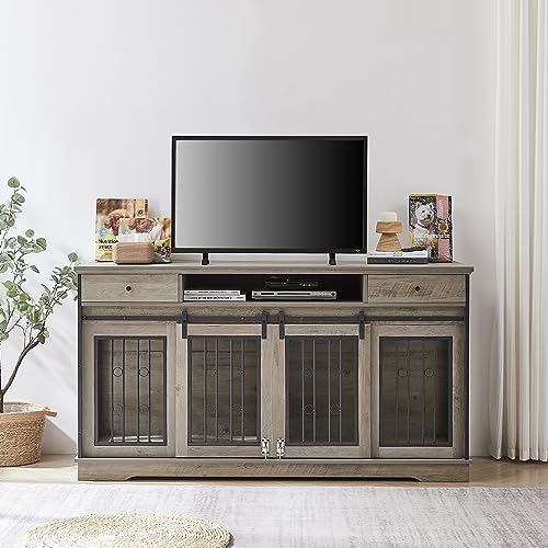  Tmsan Large Dog Crate Furniture, 66" Heavy Duty Wood Dog Kennel With Divider & Drawers, Indoor Dog House Cage For 2 Medium Dogs, End Table TV Stand