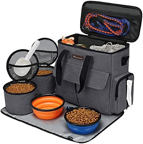  Airline Approved Dog Travel Bag With 2 Dog Treat Training Pouches, Dog Tote Organizer For Weekend Pet Travel Supplies & Accessories, 2 Collapsible Dog Bowls, 2 Travel Dog Food Container (Grey)