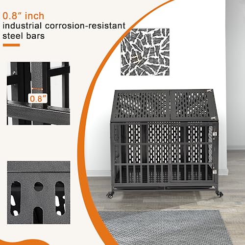  Huddycove Heavy Duty Dog Crate For High Anxiety Dogs, 46 Inch Indestructible Large Kennel Indoor, Removable Trays And Lockable Wheels, Chew Proof Cage With Pointed Roof