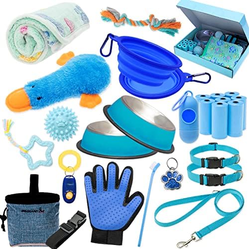  Puppy Starter Kit For Small Dog - 26 Pcs Dog Toys, Collar, Leash, Puppy Training Cilcker, Treat Bag, Poop Waste Bag With Dispenser, Blanket, Grooming Glove, Food Bowls, Toothbrush, ID Tag, Etc
