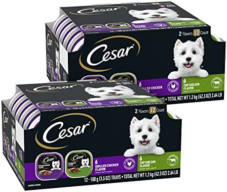  CESAR Soft Wet Dog Food Loaf In Sauce Rotisserie Chicken Flavor With Bacon & Cheese And Filet Mignon Flavor With Bacon & Potato Variety Pack, (24) 3.5 Oz. Easy Peel Trays