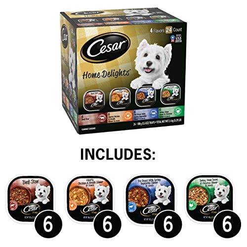  CESAR HOME DELIGHTS Wet Dog Food Pot Roast & Vegetable, Beef Stew, Turkey Potato & Green Bean, And Hearth Chicken & Noodle Variety Pack, (24) 3.5 Oz. Easy Peel Trays