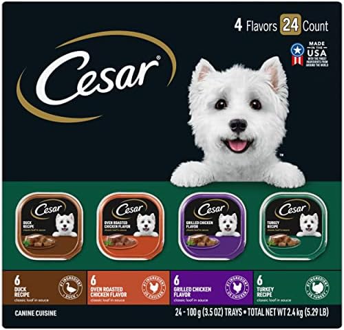  CESAR Soft Wet Dog Food Loaf In Sauce Rotisserie Chicken Flavor With Bacon & Cheese And Filet Mignon Flavor With Bacon & Potato Variety Pack, (24) 3.5 Oz. Easy Peel Trays