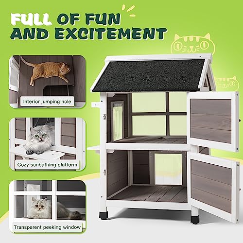  Bigrab Outdoor Large Cat House Weatherproof, Outside Feral Cat Shelter With Escape Door, Insulated Wooden Cat Condos With Window, (Two Storey Grey - For 2-3 Cats Or Small Animals)