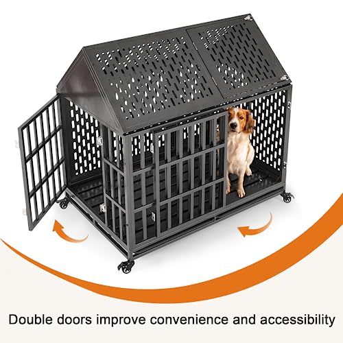 Huddycove Heavy Duty Dog Crate For High Anxiety Dogs, 46 Inch Indestructible Large Kennel Indoor, Removable Trays And Lockable Wheels, Chew Proof Cage With Pointed Roof