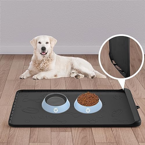  Dog Food Mat - Dog Feeding Mats For Food And Water - 36" X 24" Extra Large Cat Dog Bowl Mat With Pocket For Catches Spill And Residue - Silicone Non Slip Pet Mat With 0.75" High Edges Anti-bite
