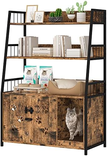  Recaceik Large Cat Litter Box Enclosure With Shelf Storage, Hidden Cat Washroom Furniture, Wooden Cat House With Scratch Pad, Sturdy Indoor Cat Cabinet With 2 Doors, Black
