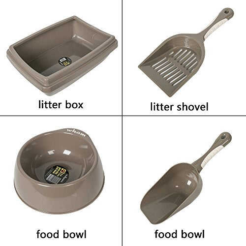  Lucky Tree 3 Color Cat Litter Pan Litter Box Plastic Cat Food Bowl With Scoop Shovel, 4Pcs Pet Supplies Set For Cats