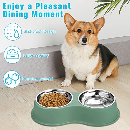  Dog Bowls Double Dog Water And Food Bowls Stainless Steel Bowls With Non-Slip Resin Station, Pet Feeder Bowls For Puppy Medium Dogs Cats (Green)