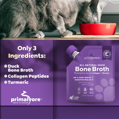  Primalvore All-Natural Duck Bone Broth For Dogs&Cats, Mobility Formula W/Collagen Peptides Supports Hip & Joints, Digestion, Skin&Coat And Hydration, Grain Free, Human Grade, Made In USA. Duck 2 Pack